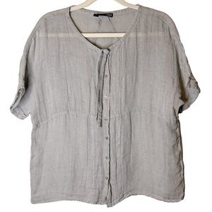 Eileen Fisher Tie Neck Top Blouse 100% Linen Gray-Blue INSKY S1LGD-2 Size Medium